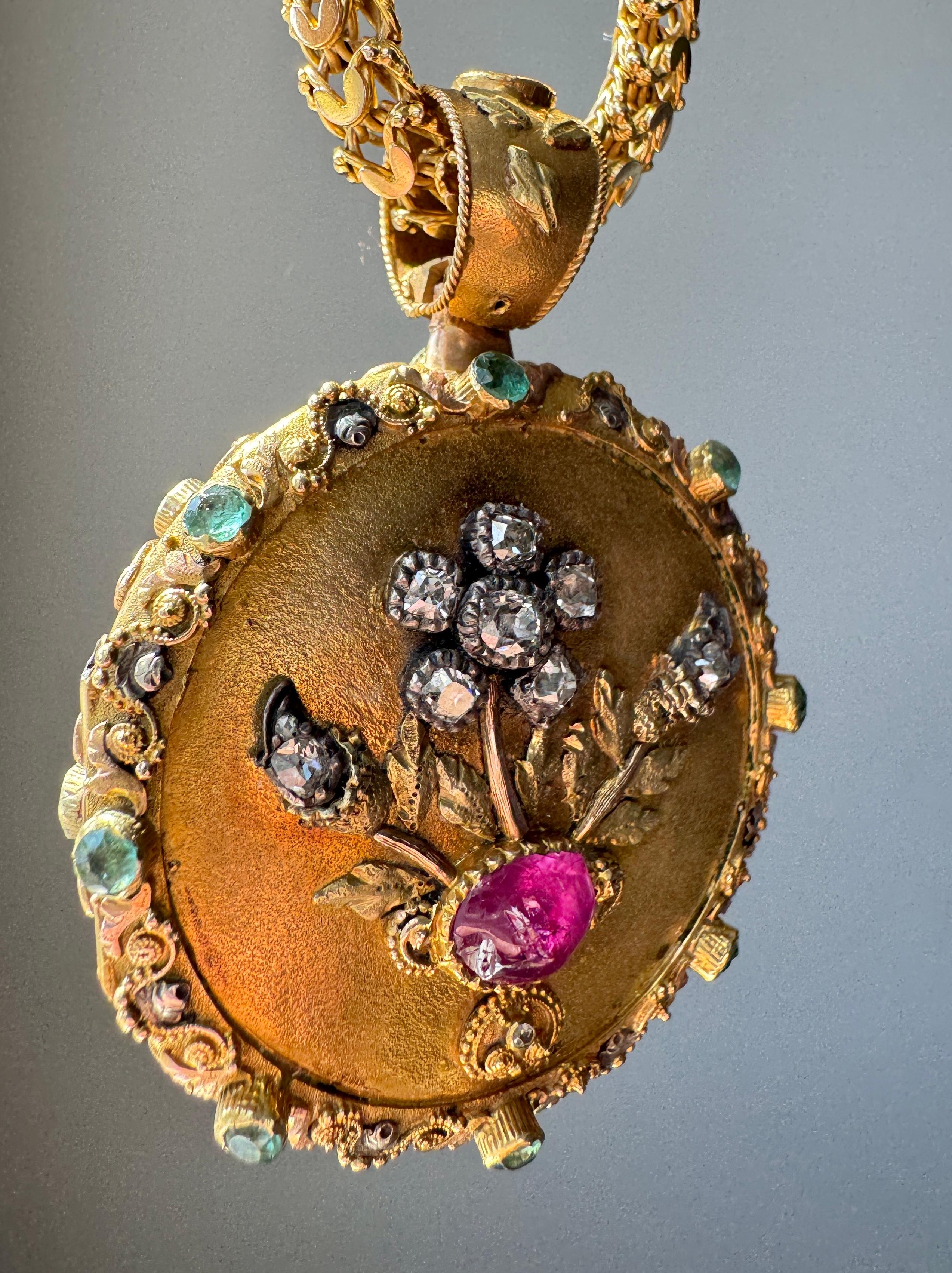 Cabochon Georgian 15K Ruby, Emerald and Diamond Giardinetti Vinaigrette Locket Pendant For Sale