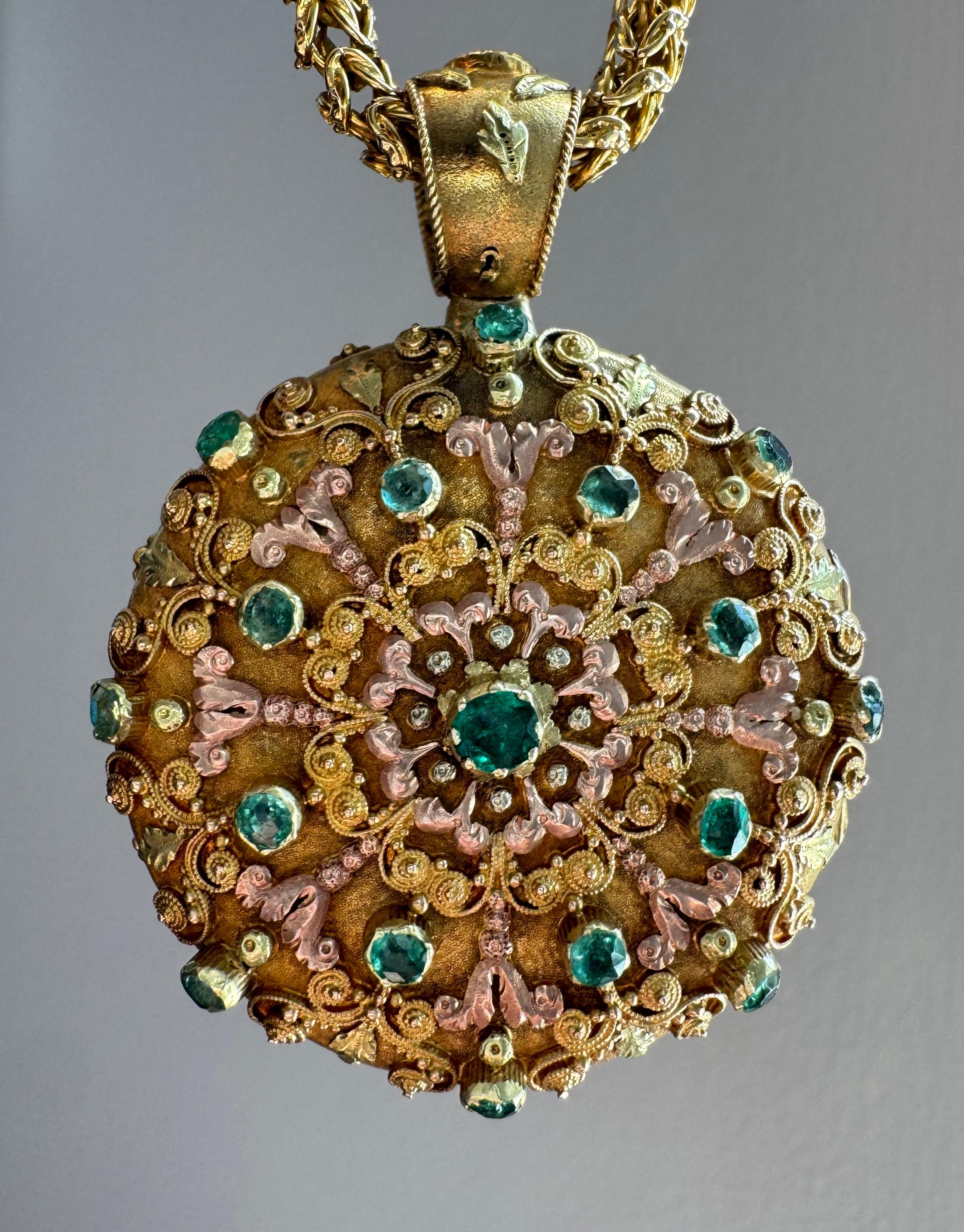 Women's or Men's Georgian 15K Ruby, Emerald and Diamond Giardinetti Vinaigrette Locket Pendant For Sale