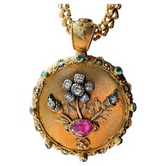 Georgian 15K Ruby, Emerald and Diamond Giardinetti Vinaigrette Locket Pendant