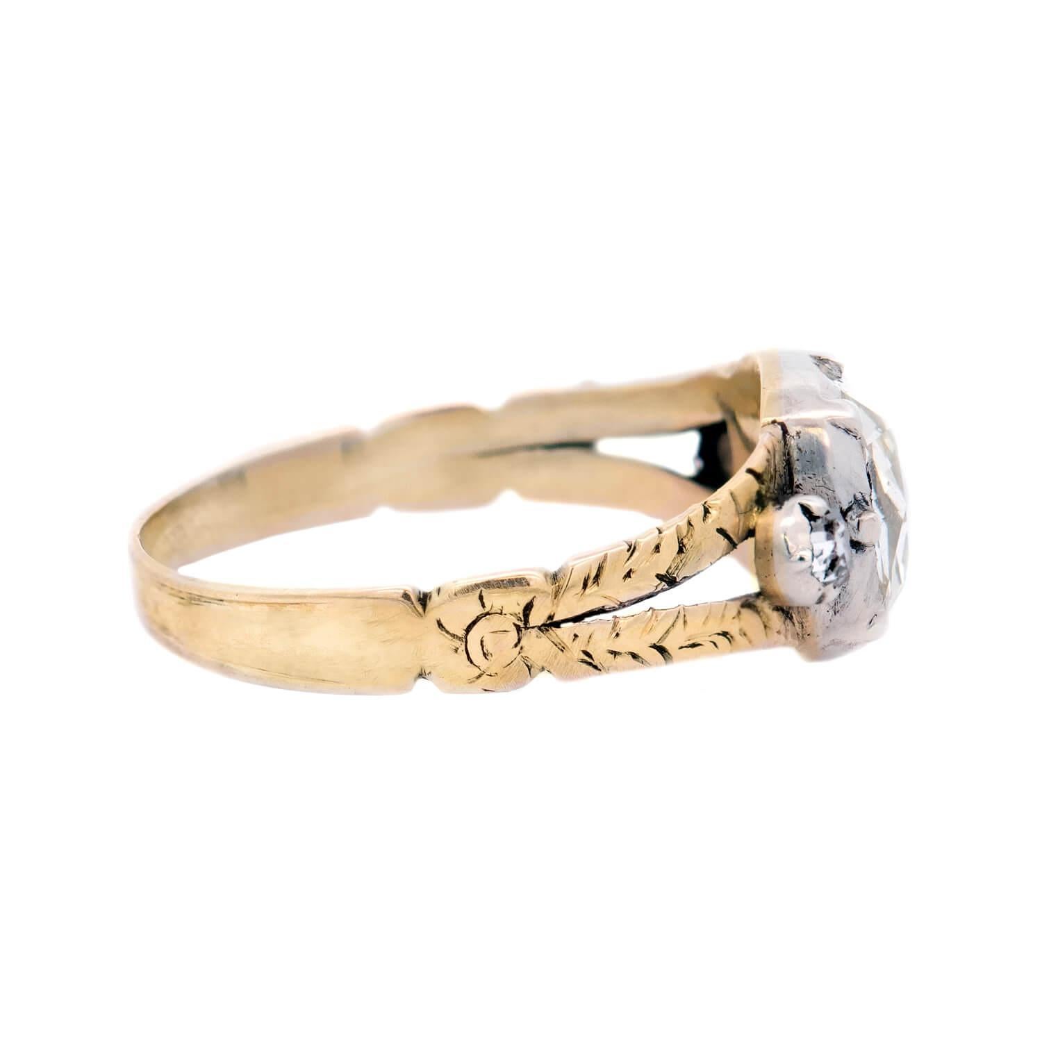 Rose Cut Georgian 15k/Sterling Silver Diamond Three Stone Engagement Ring For Sale