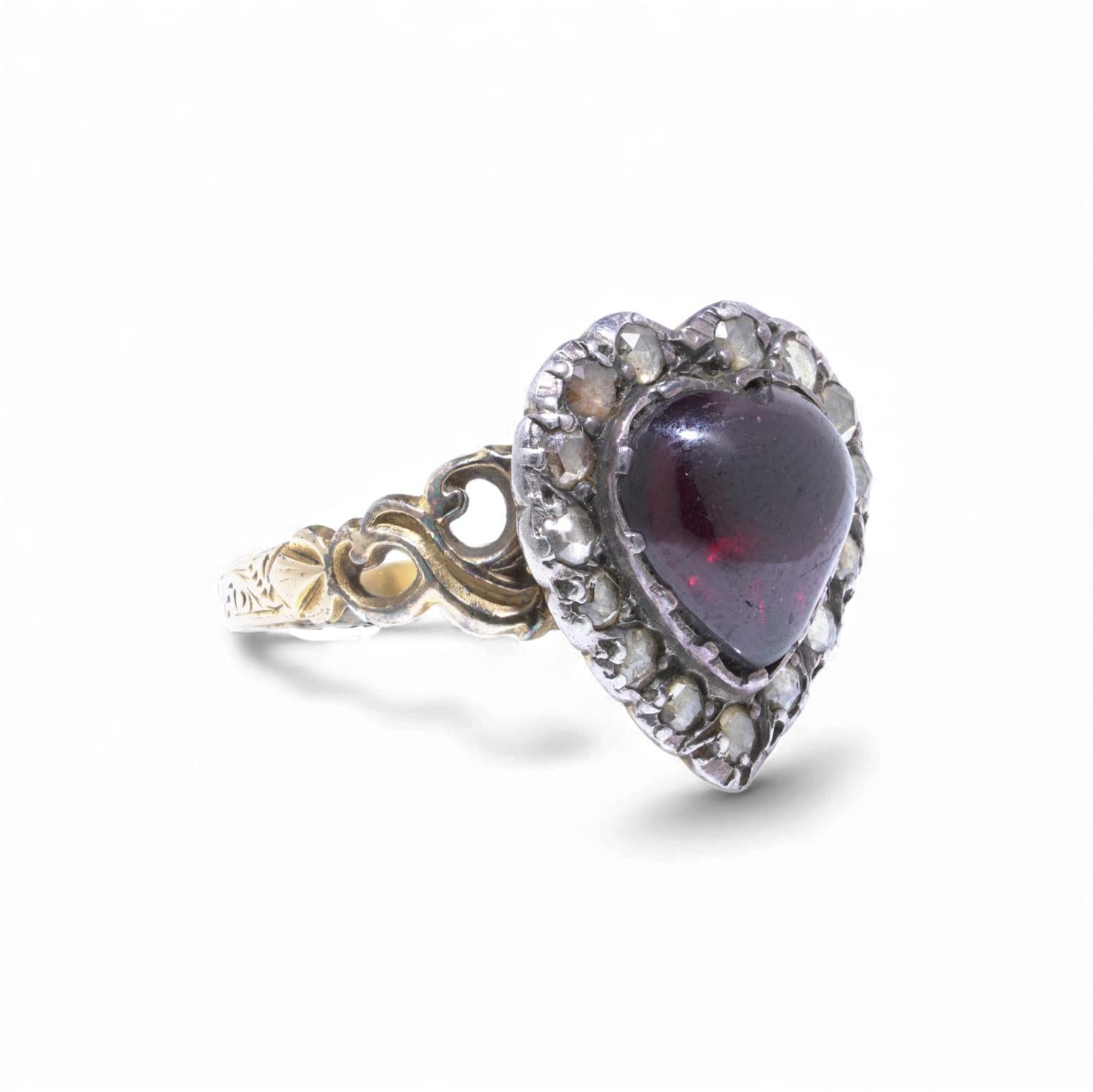 Heart Cut Georgian 15KT Gold Heart-Shaped Garnet & Rose-Cut Diamond Ring, Circa 1800 For Sale