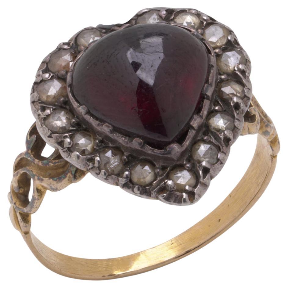 Georgian 15KT Gold Heart-Shaped Garnet 
Rose-Cut Diamond Ring, Circa 1800 For Sale