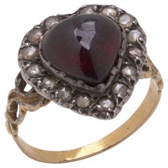 Georgian 15KT Gold Heart-Shaped Garnet 
Rose-Cut Diamond Ring, Circa 1800