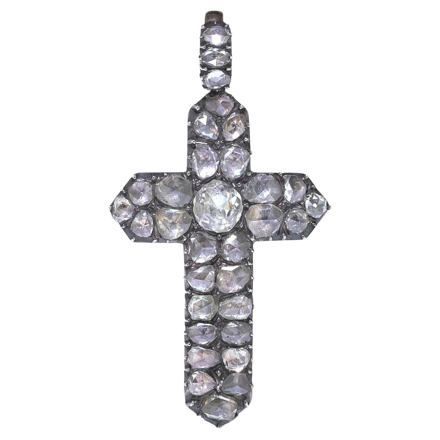 Georgian 15KT Gold 
Rose-Cut Diamond Cross Pendant, c.1800 en venta