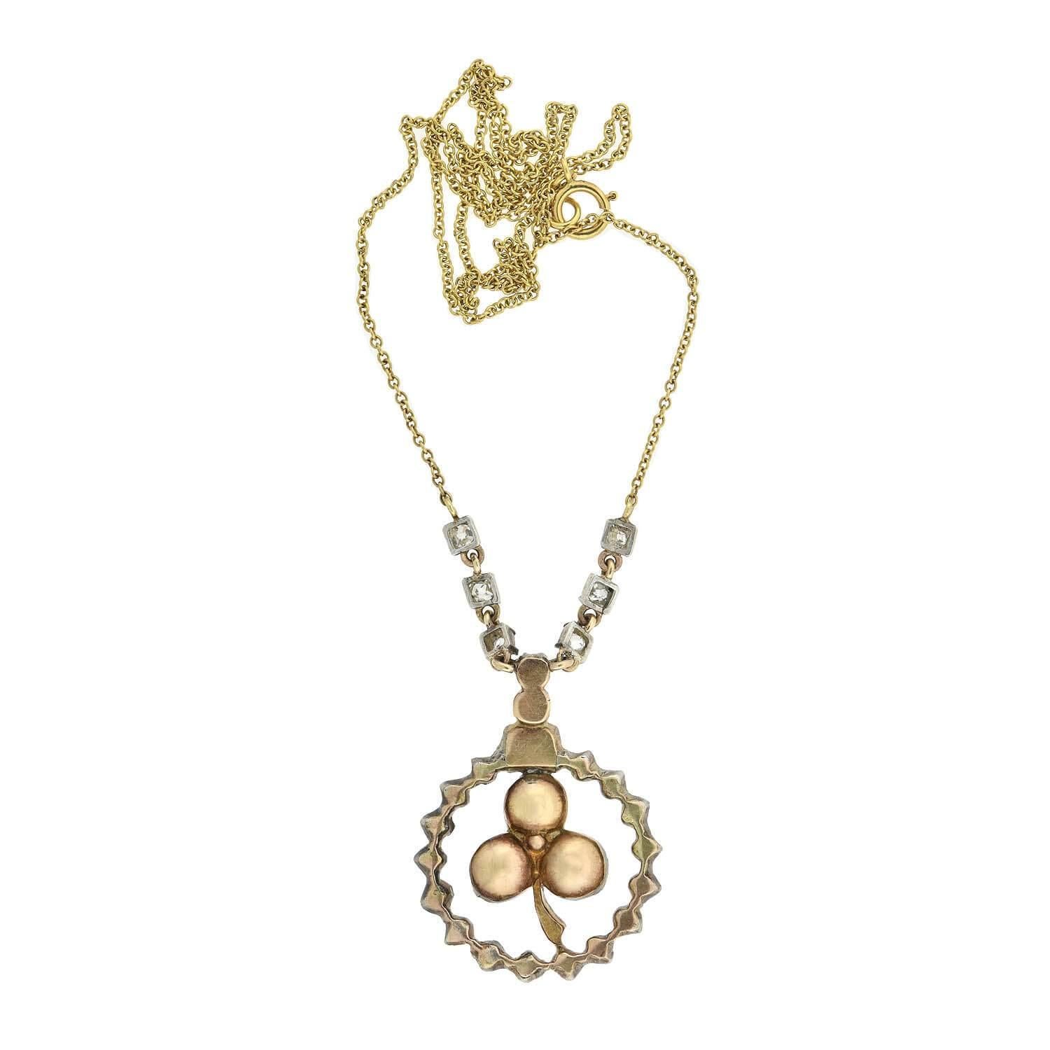 Georgian 15kt/Sterling Rose Cut Diamond Trefoil Pendant Necklace 1