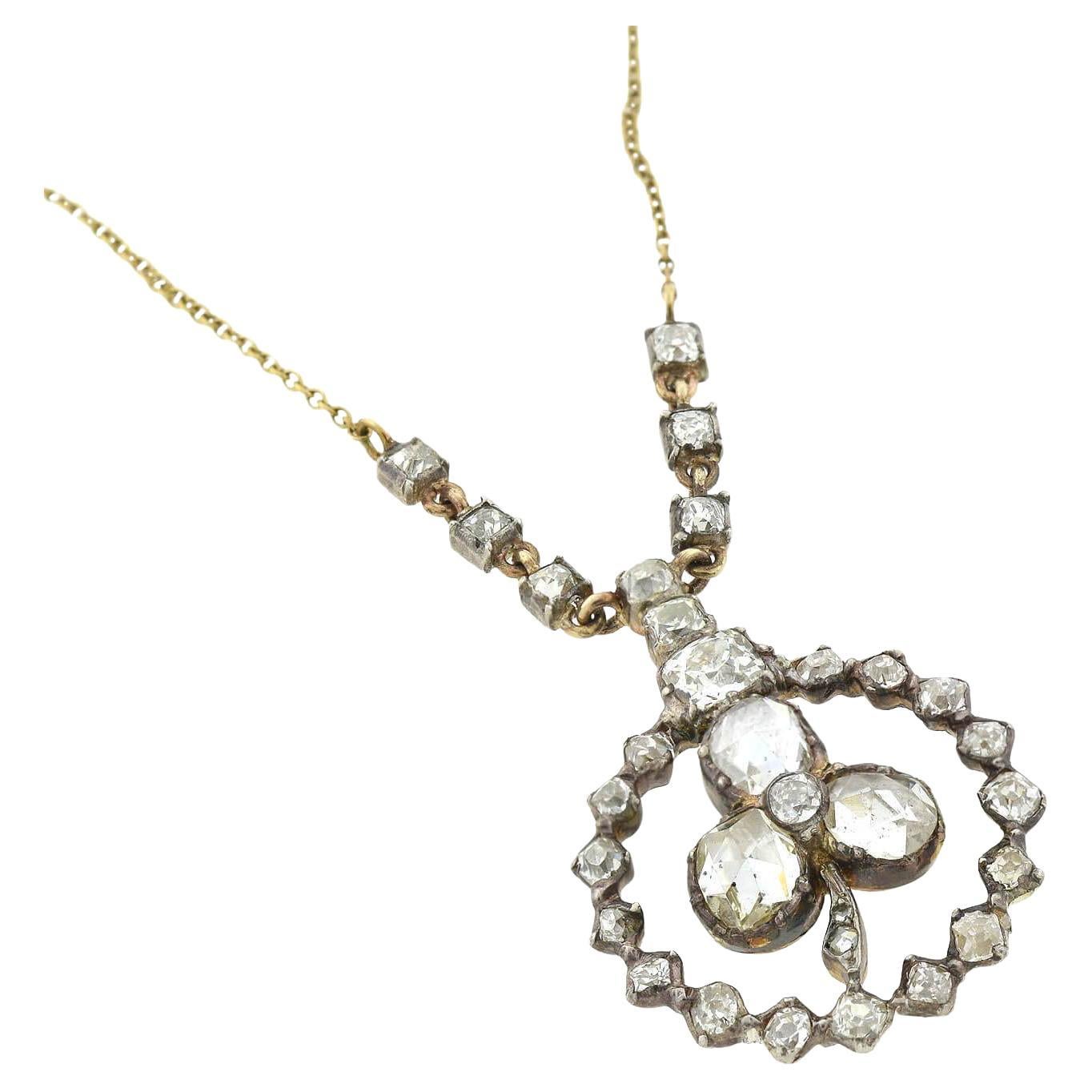 Georgian 15kt/Sterling Rose Cut Diamond Trefoil Pendant Necklace