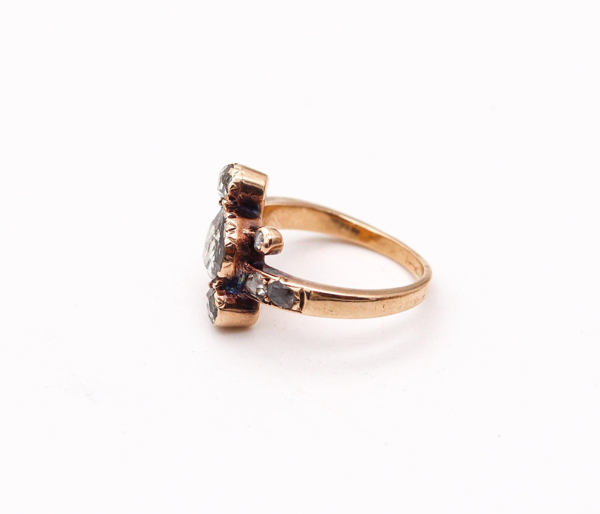 GEORGIAN 1760 England Ring In 16Kt Gold & Silver With Dutch Rose Cuts Diamonds In Excellent Condition For Sale In Miami, FL