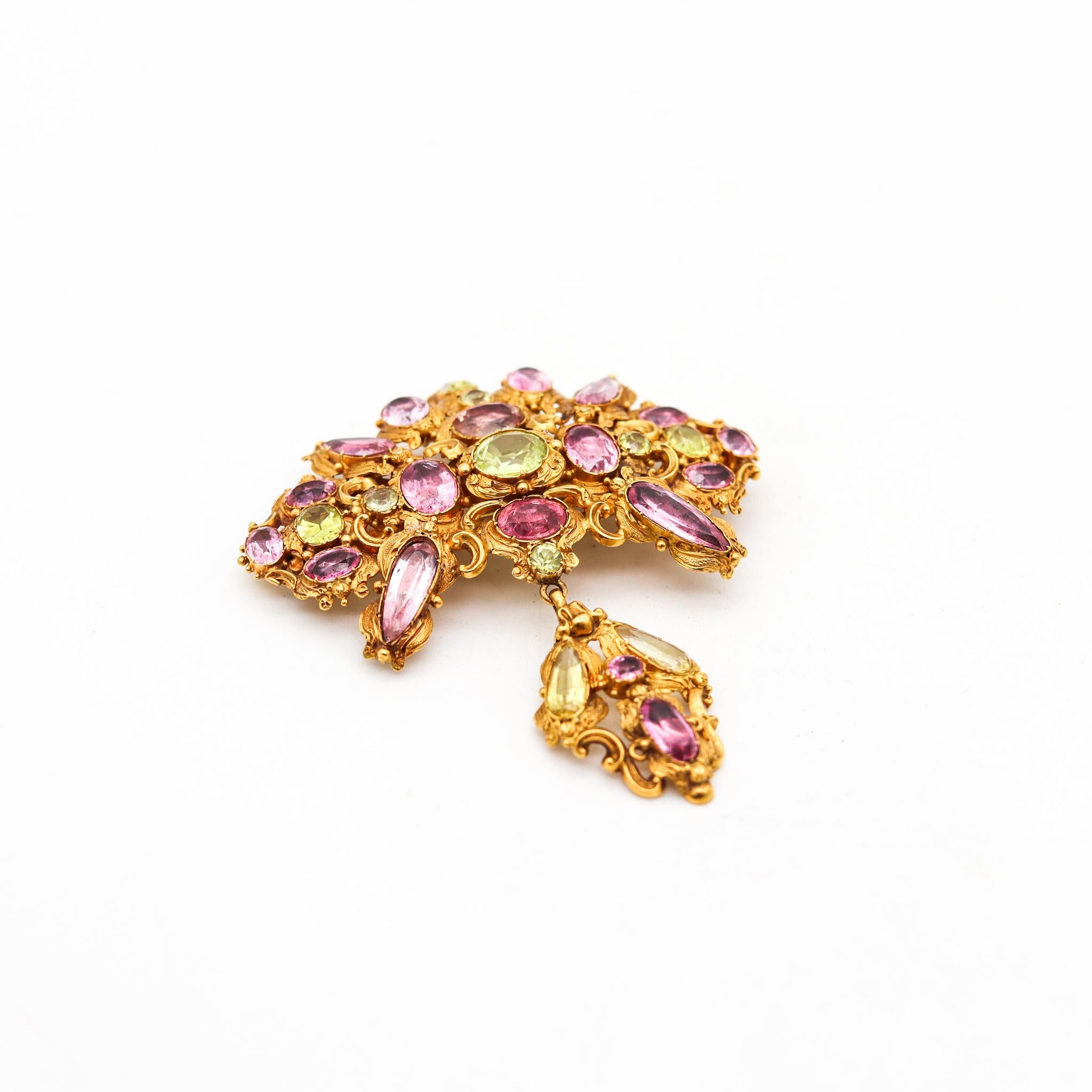 Mixed Cut Georgian 1760 Iberian Corsage Girandole Brooch In 18-20Kt Gold With Gemstones For Sale