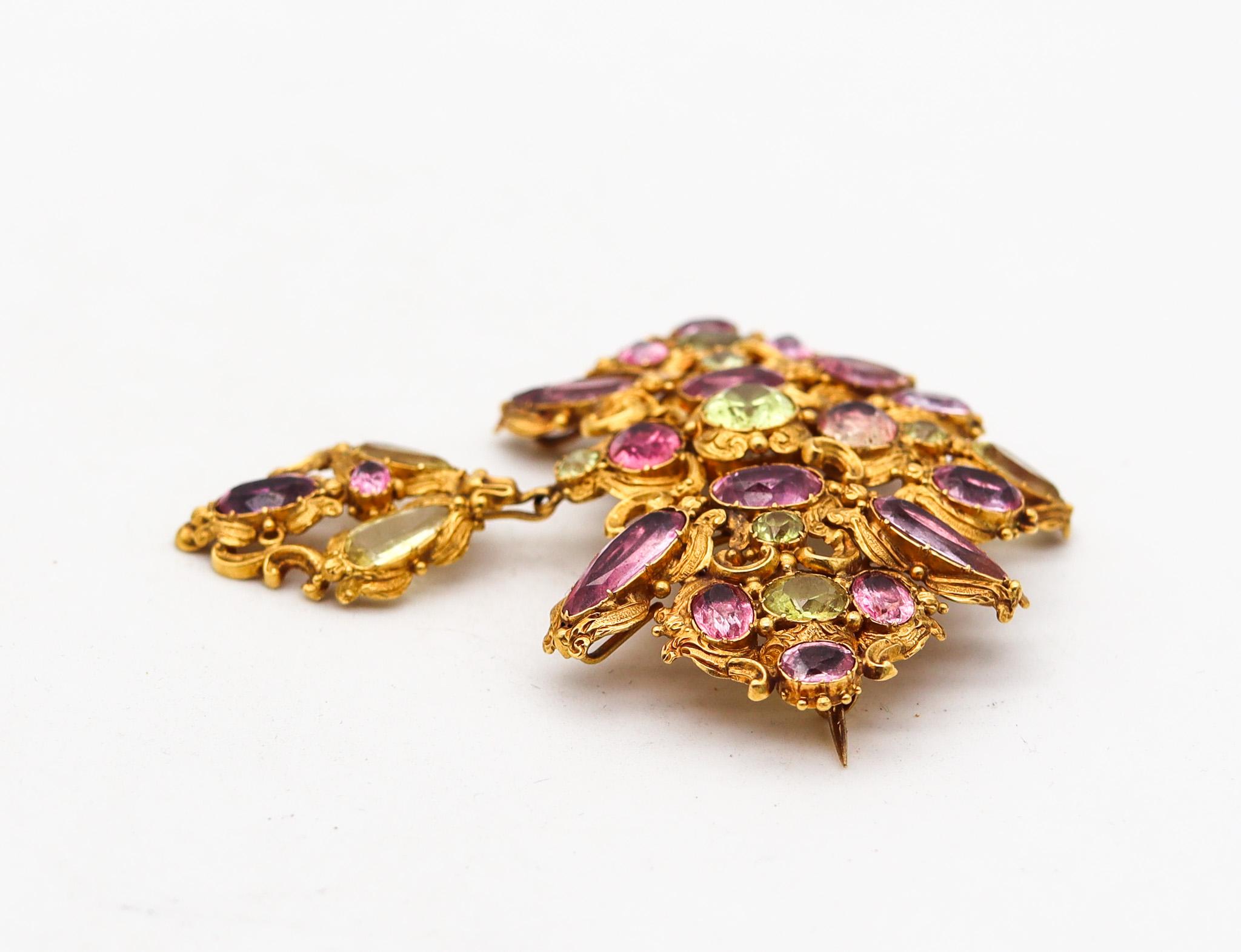 Georgian 1760 Iberian Corsage Girandole Brooch In 18-20Kt Gold With Gemstones In Excellent Condition For Sale In Miami, FL
