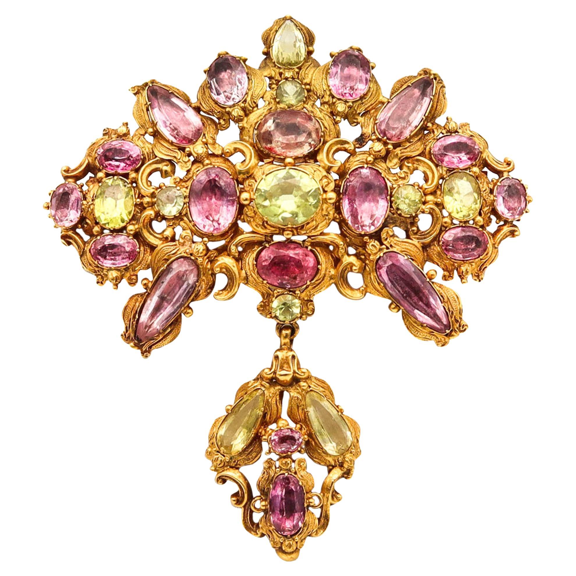 Georgian 1760 Iberian Corsage Girandole Brooch In 18-20Kt Gold With Gemstones