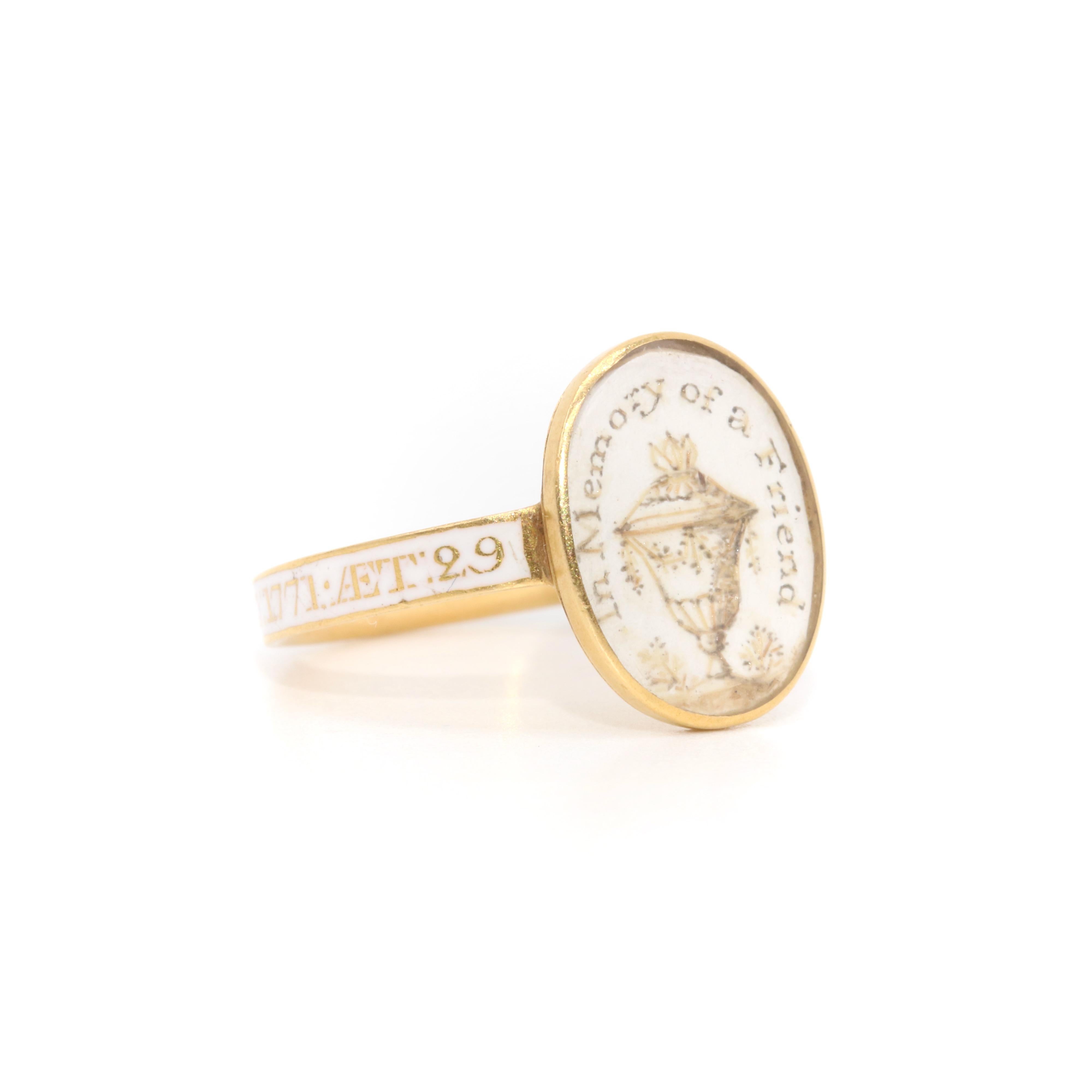 Women's or Men's Georgian 1770s 18K Gold White Enamel Urn “In Memory of a Friend” Mourning Ring For Sale