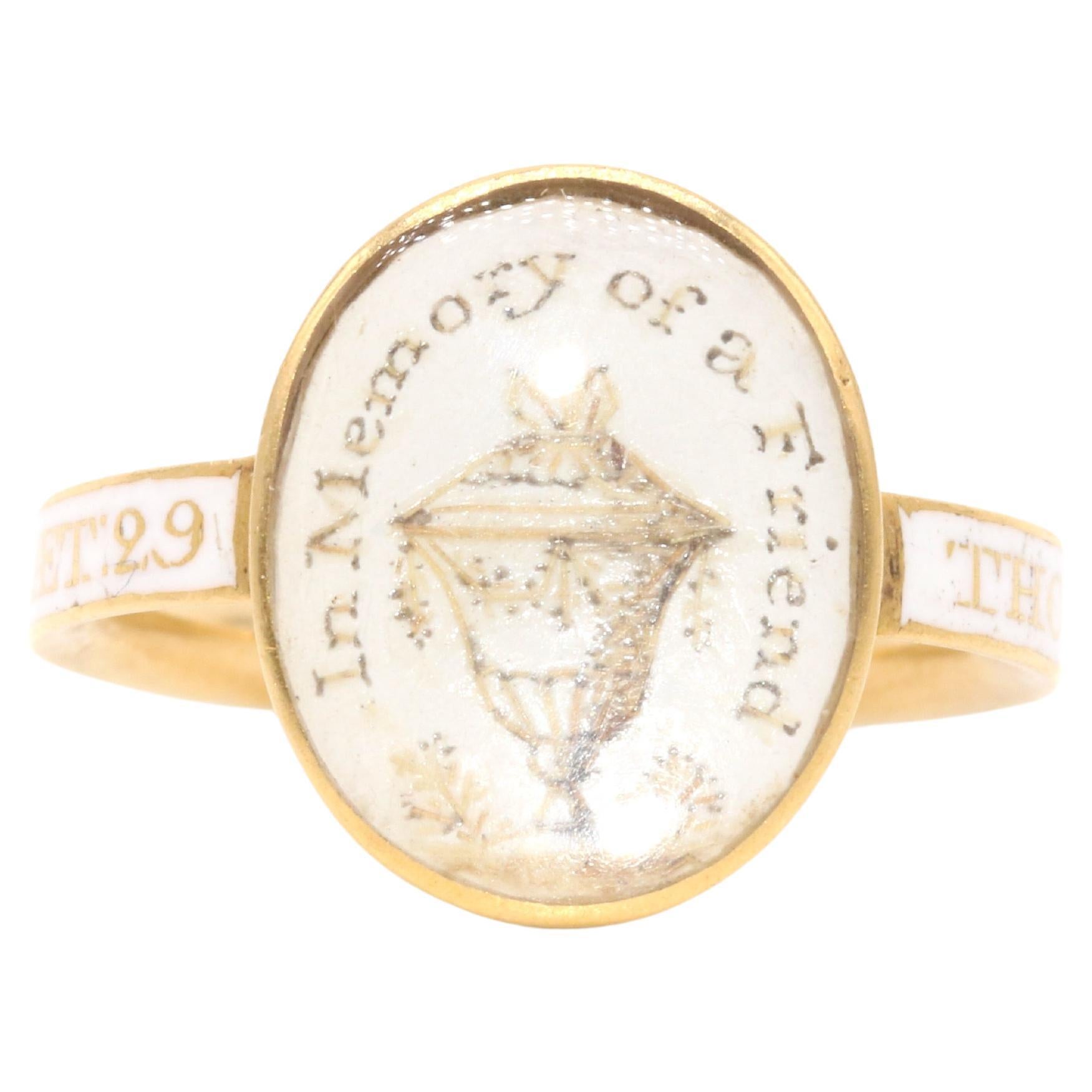 Georgian 1770s 18K Gold White Enamel Urn “In Memory of a Friend” Mourning Ring For Sale