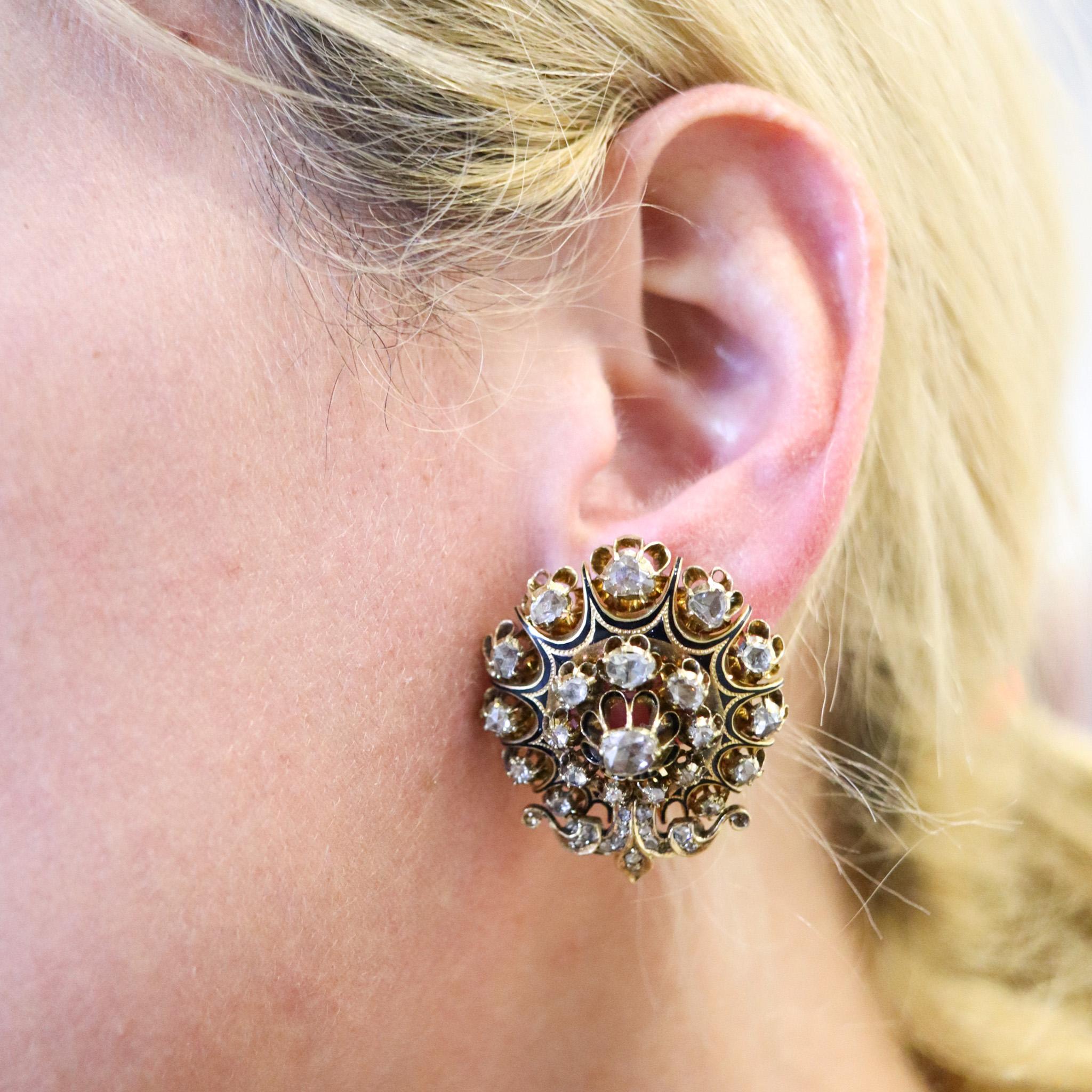Boucles d'oreilles anciennes de style géorgien 1785 en or 15 carats et émail avec 5,64 carats de diamants Pour femmes en vente