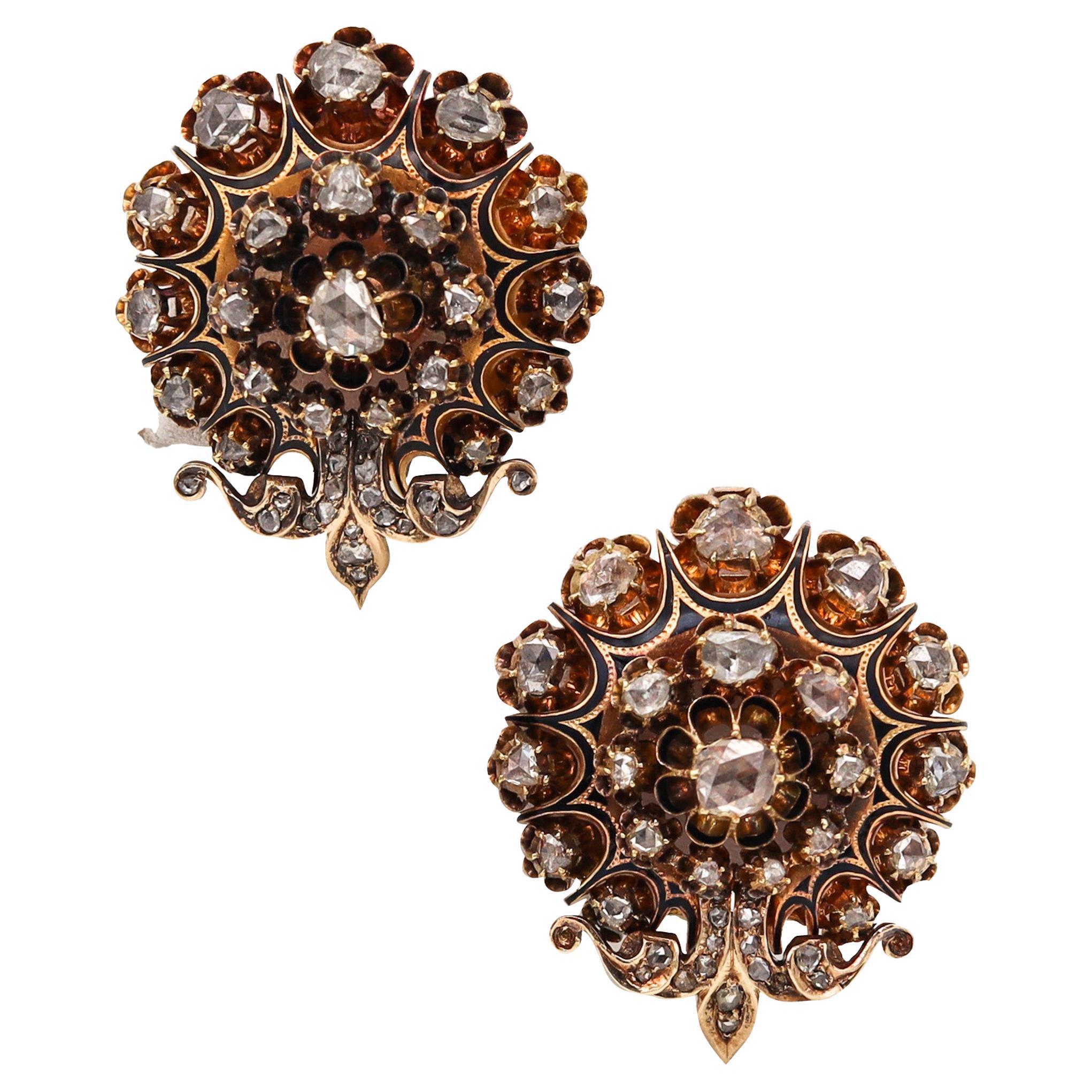 Boucles d'oreilles anciennes de style géorgien 1785 en or 15 carats et émail avec 5,64 carats de diamants