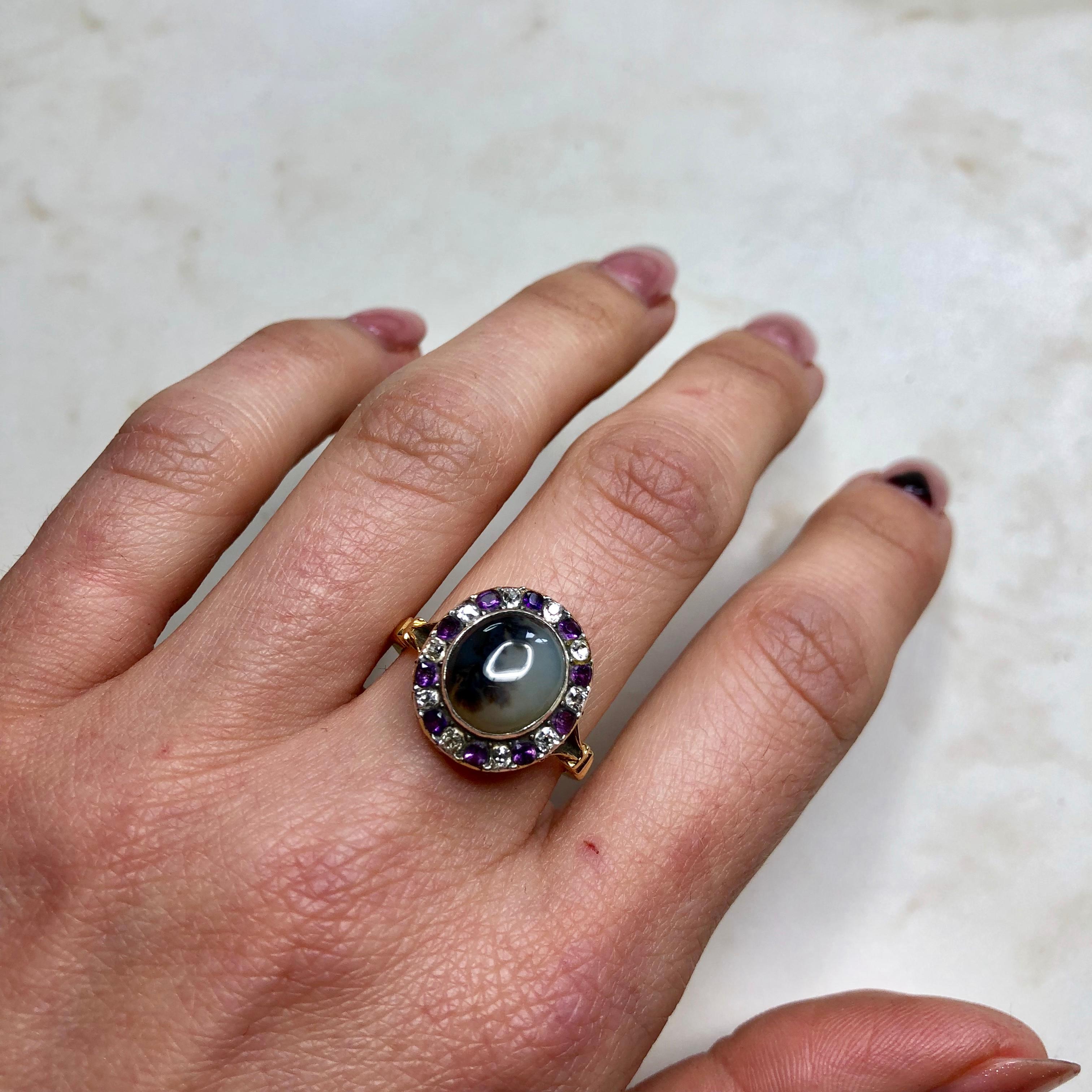 Georgian 18 Carat Gold Dendritic Agate and Diamond and Amethyst Ring 7