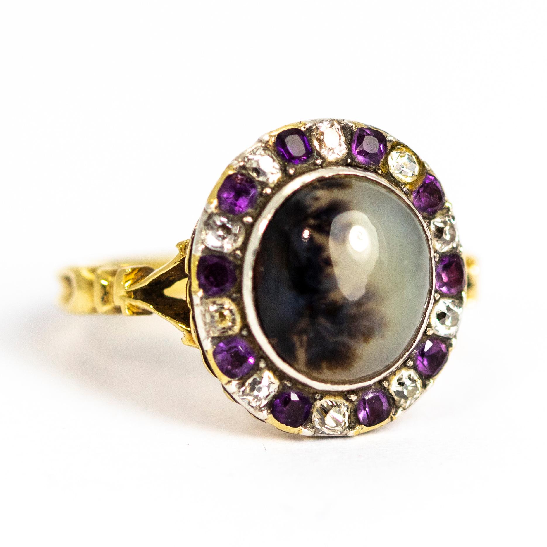 Georgian 18 Carat Gold Dendritic Agate and Diamond and Amethyst Ring 2