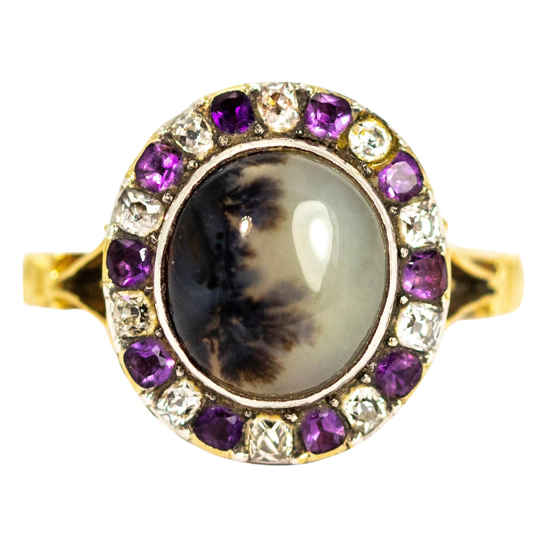 Georgian 18 Carat Gold Dendritic Agate and Diamond and Amethyst Ring