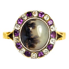 Antique Georgian 18 Carat Gold Dendritic Agate and Diamond and Amethyst Ring