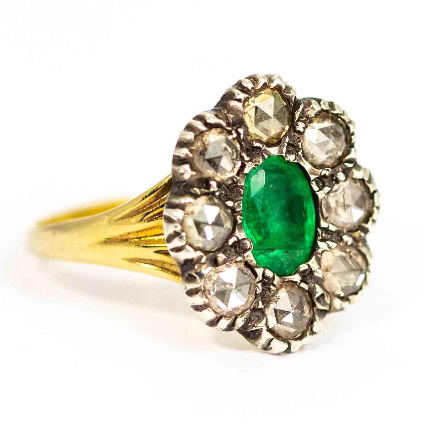 Women's or Men's Georgian 18 Carat Gold Emerald and Diamond Cluster Ring