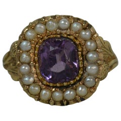 Antique Georgian 18 Carat Gold Foiled Back Amethyst Pearl Acorn Ring