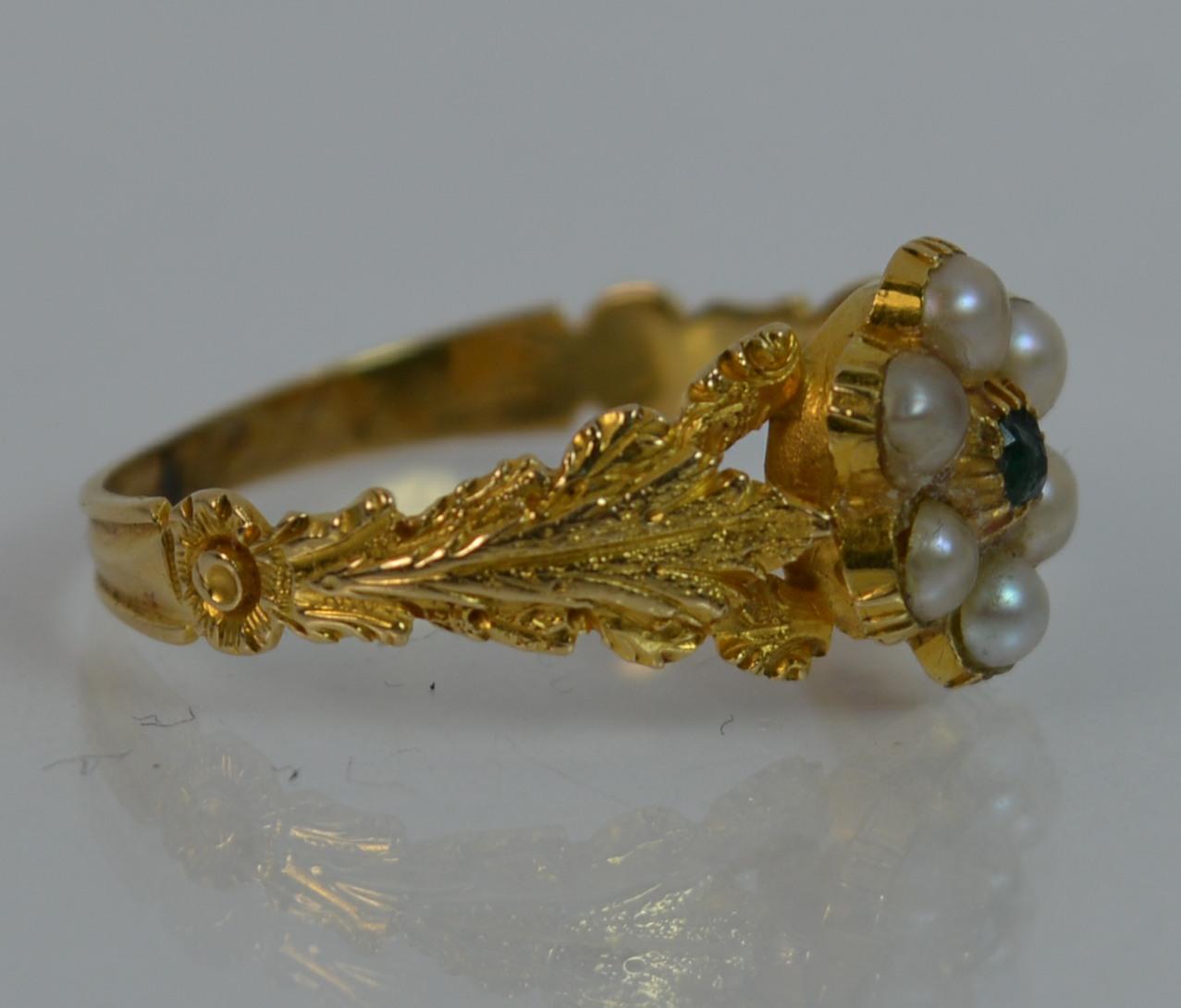 Georgian 18 Carat Gold Pearl and Emerald Daisy Cluster Ring 5