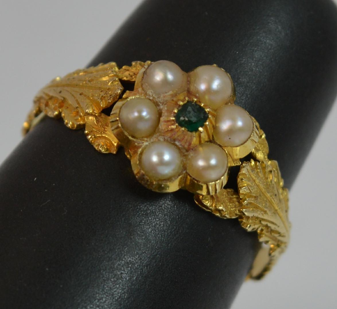 Georgian 18 Carat Gold Pearl and Emerald Daisy Cluster Ring 7