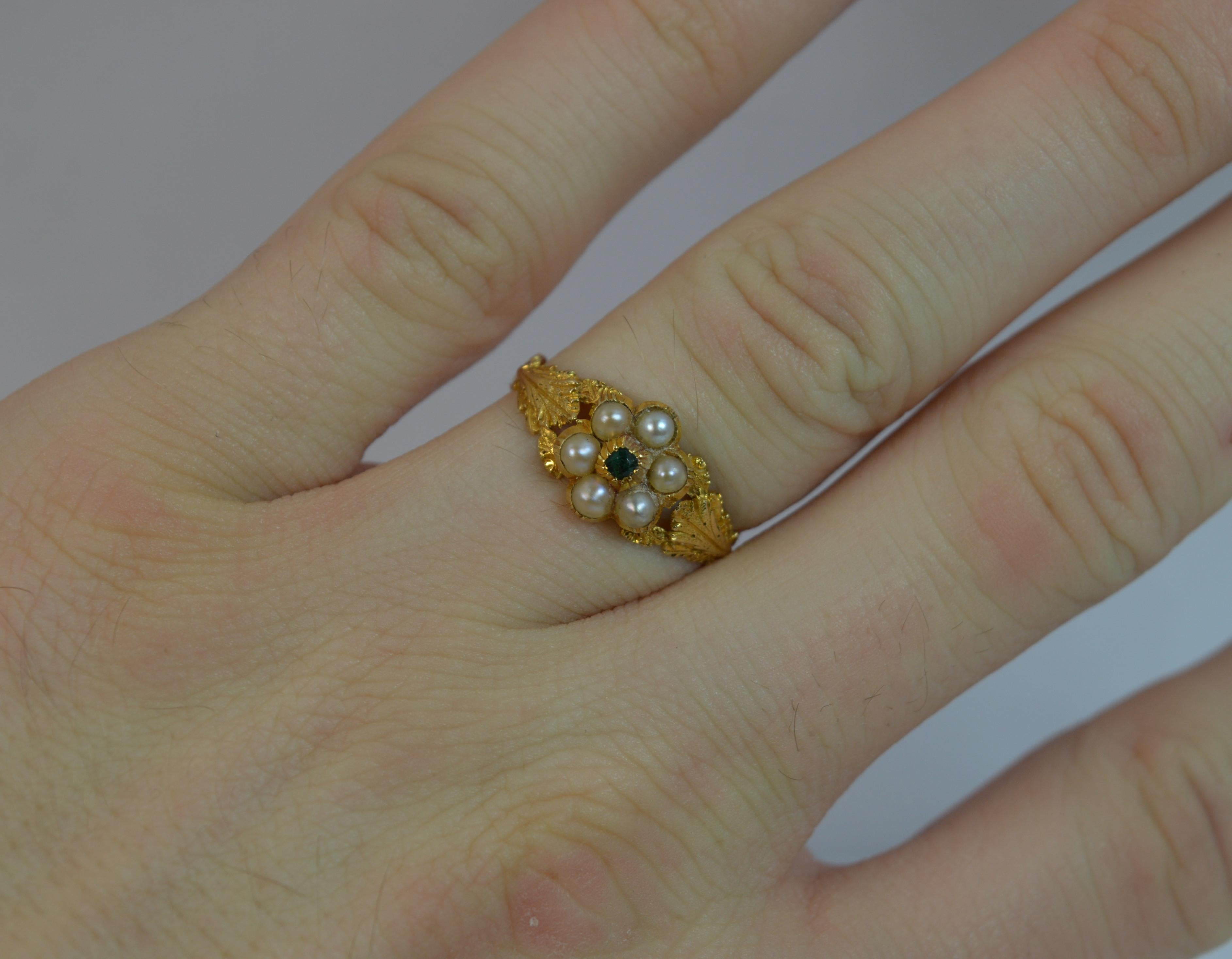 George III Georgian 18 Carat Gold Pearl and Emerald Daisy Cluster Ring