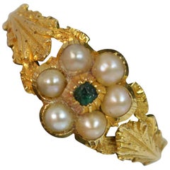 Georgian 18 Carat Gold Pearl and Emerald Daisy Cluster Ring