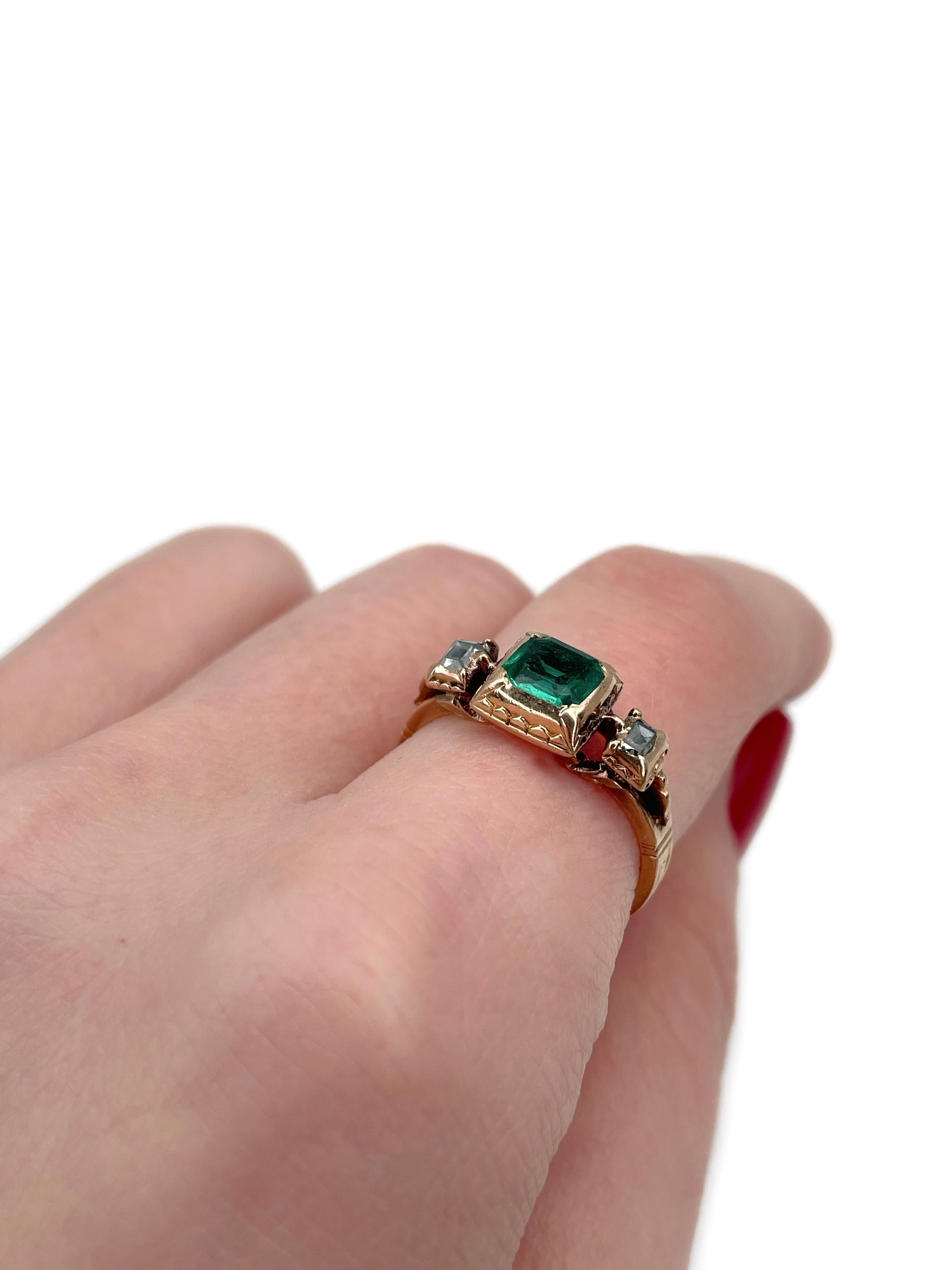 Mixed Cut Georgian 18 Karat Gold 1.50 Carat Emerald 0.18 Carat Diamond Three-Stone Ring