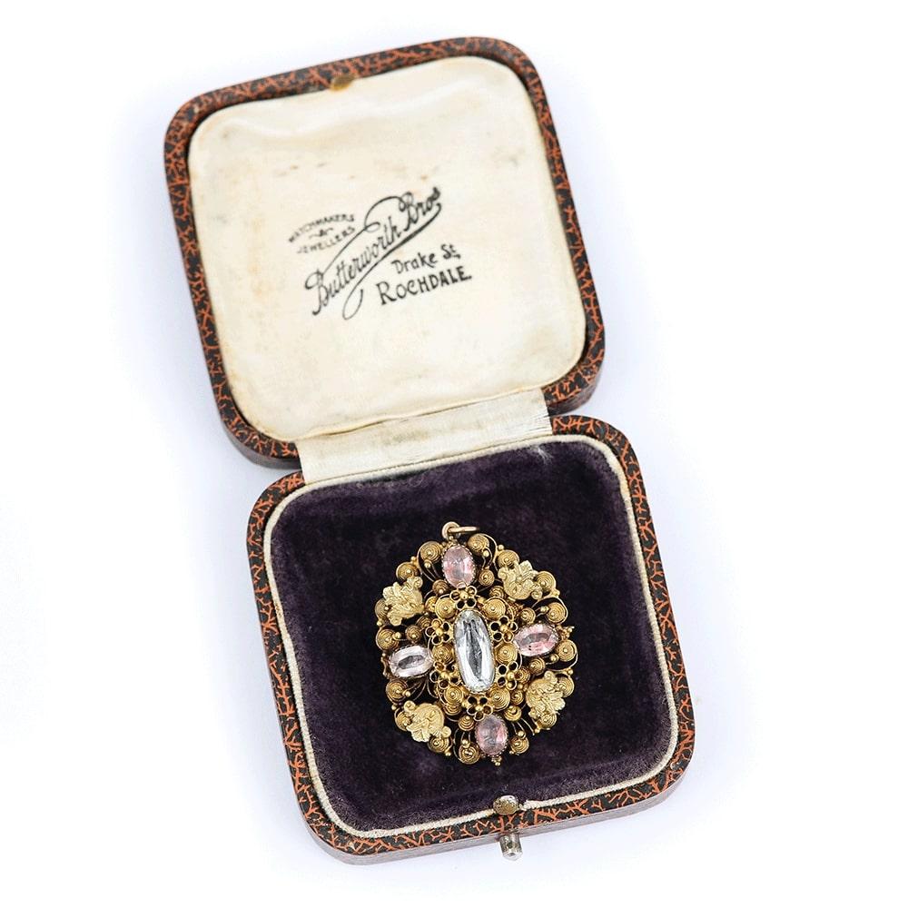 Georgian 18 Karat Gold Aquamarine and Pink Topaz Cannetille Pendant Brooch, 1830 6