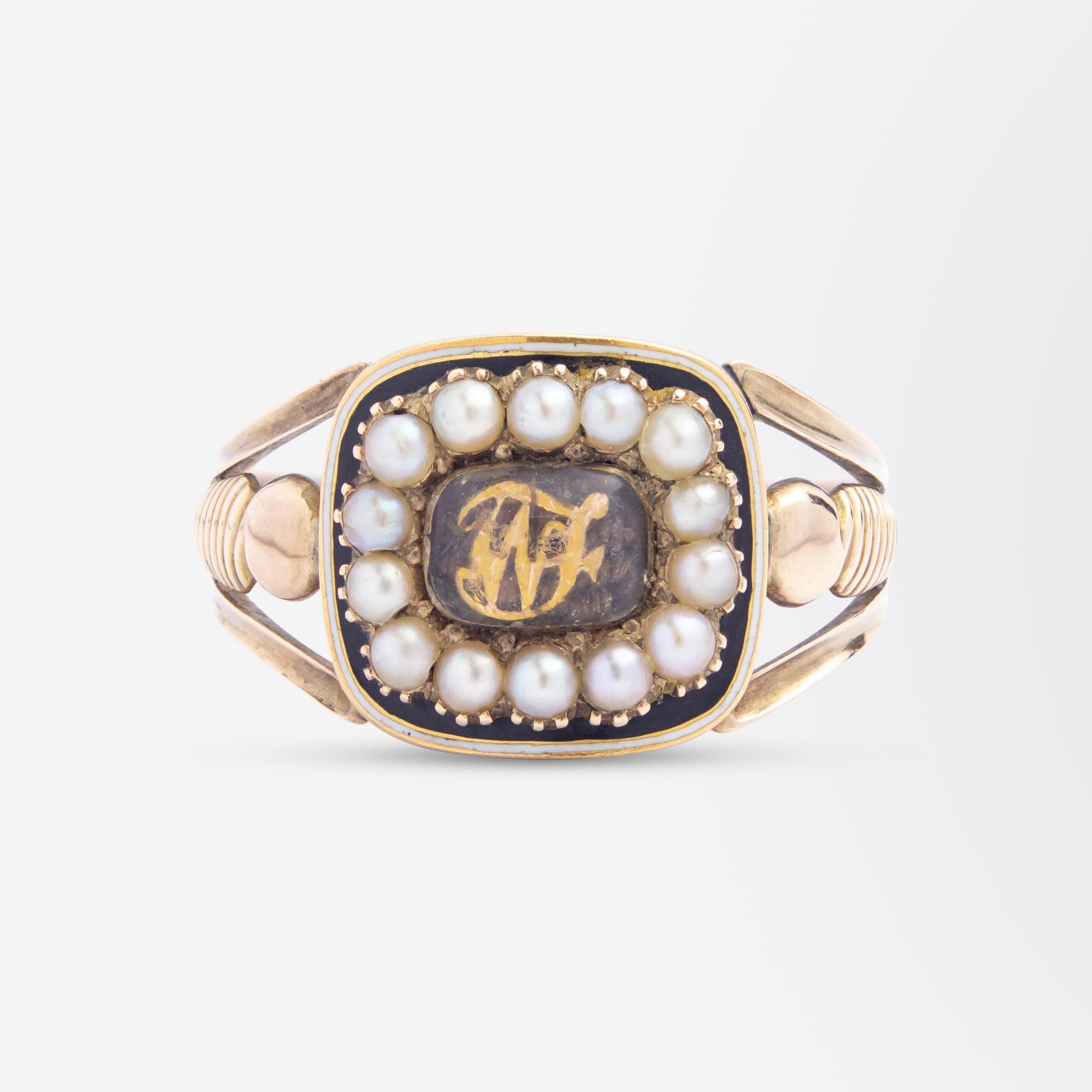 Cabochon Georgian 18 Karat Gold, Enamel and Seed Pearl Mourning Ring For Sale