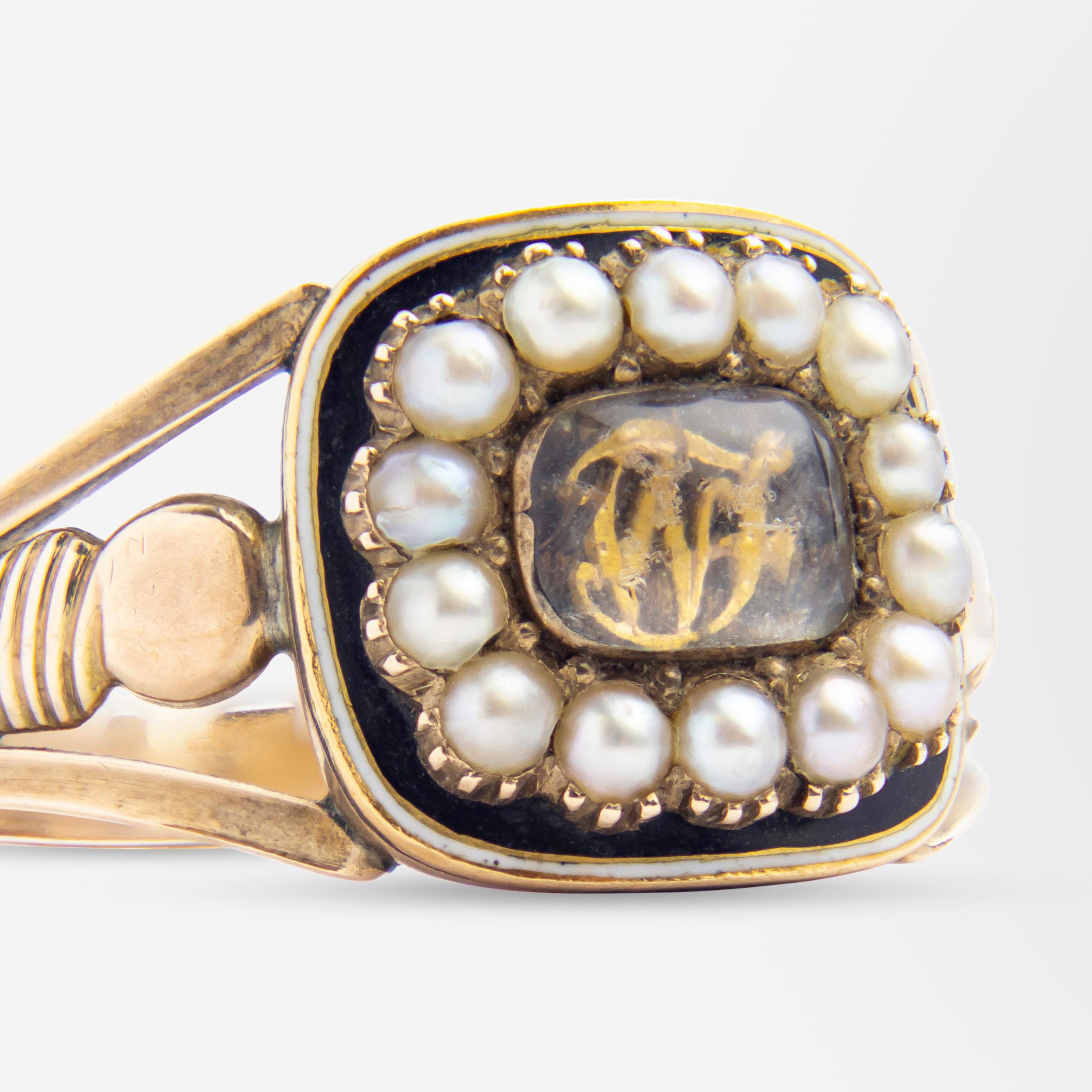 Georgian 18 Karat Gold, Enamel and Seed Pearl Mourning Ring For Sale 1