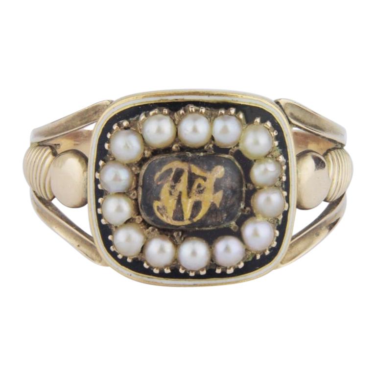 Georgian 18 Karat Gold, Enamel and Seed Pearl Mourning Ring