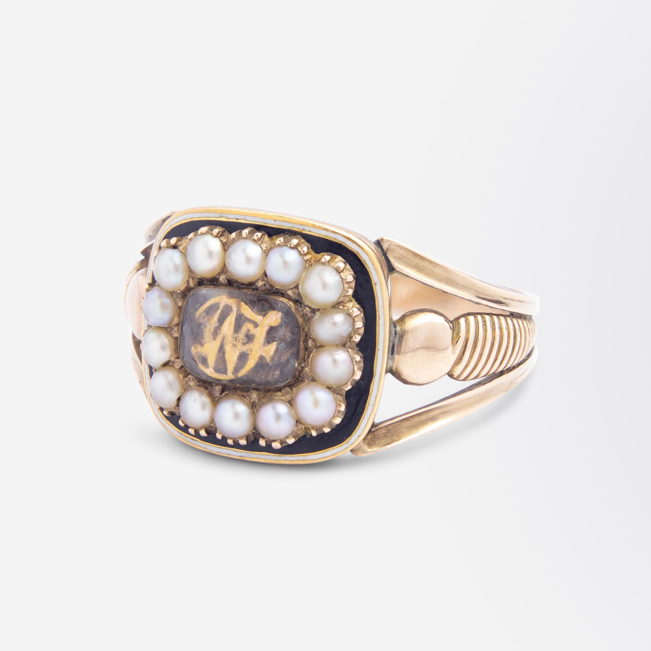 Georgian 18 Karat Gold, Enamel and Seed Pearl Mourning Ring For Sale