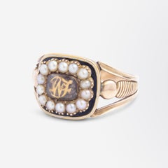 Georgian 18 Karat Gold, Enamel and Seed Pearl Mourning Ring