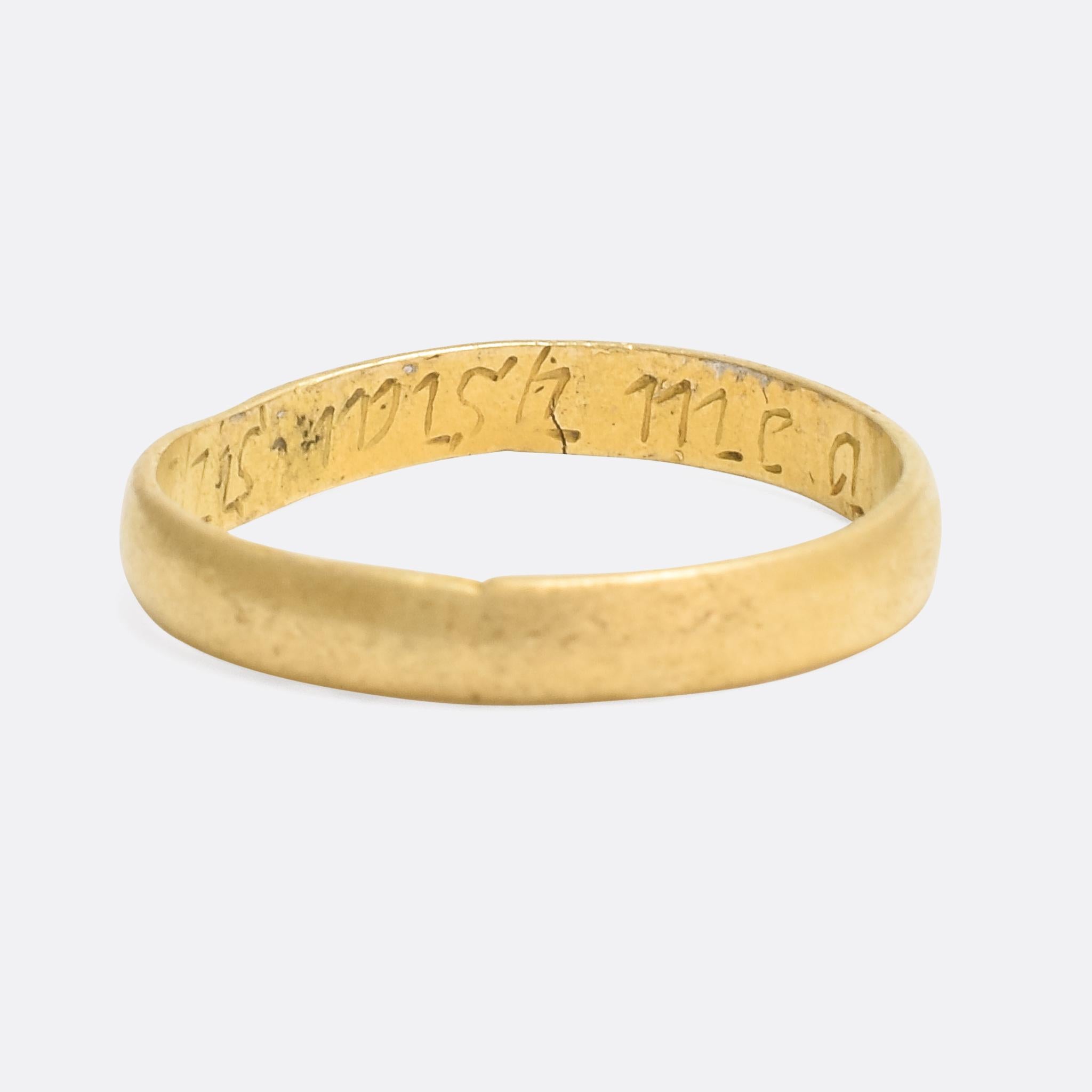 A sweet 18th Century Posy Ring modelled in 18k yellow gold. The inscription to the inner band reads 
