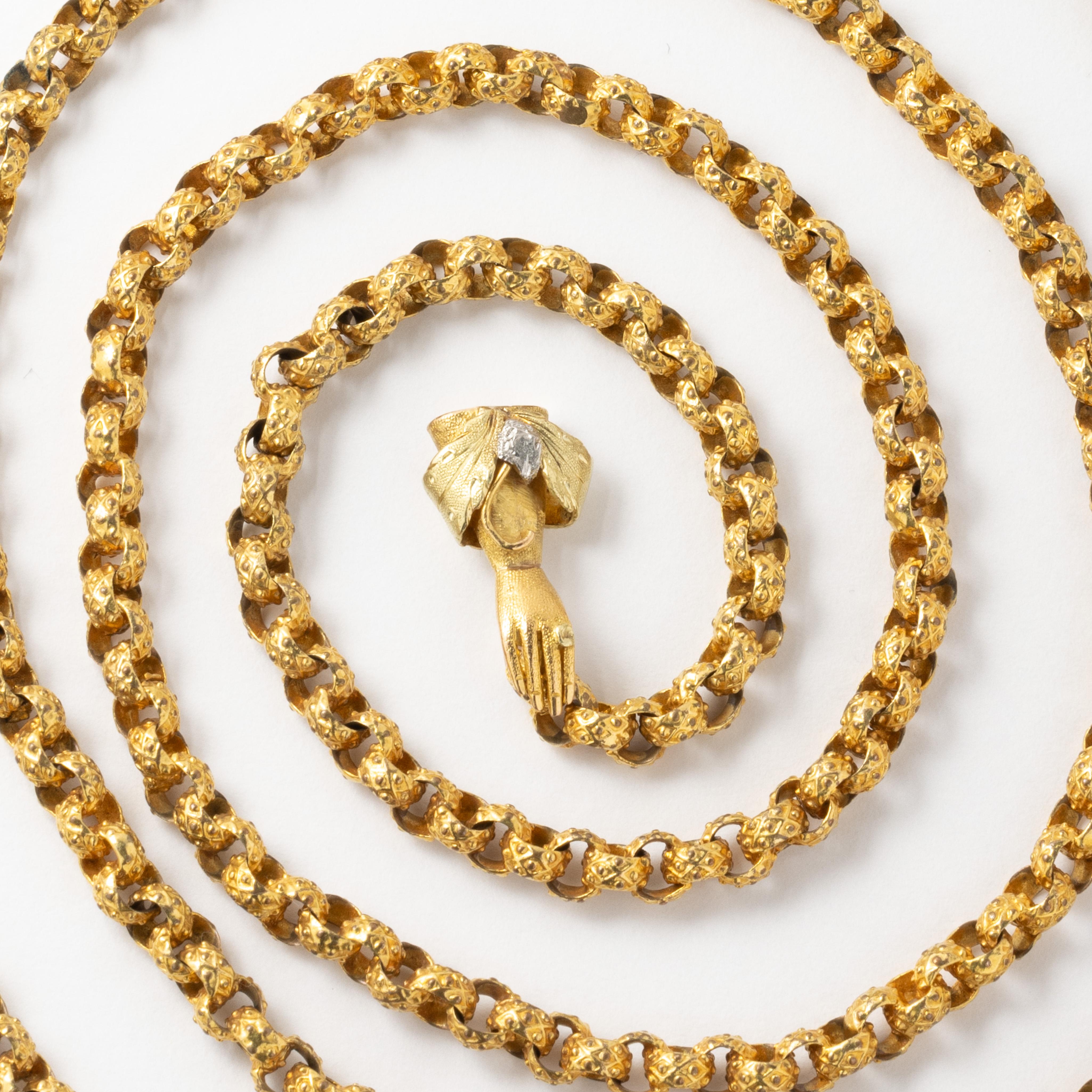 Georgian 18k Yellow Gold Handmade Fancy Chain with detailed Hand Clasp in Original Fitted Box.
c.1820
46.7