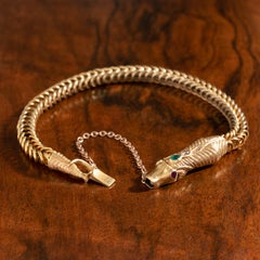 Georgian 18 Karat Yellow Gold Emerald Rubies and Diamond Snake Bracelet