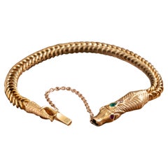 Georgian 18 Karat Yellow Gold Emerald Rubies and Diamond Snake Bracelet