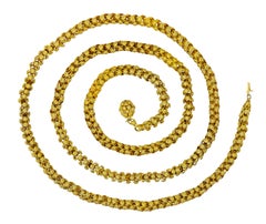 Georgian 18 Karat Yellow Gold Floral Dome Byzantine 46 Inch Long Chain Necklace