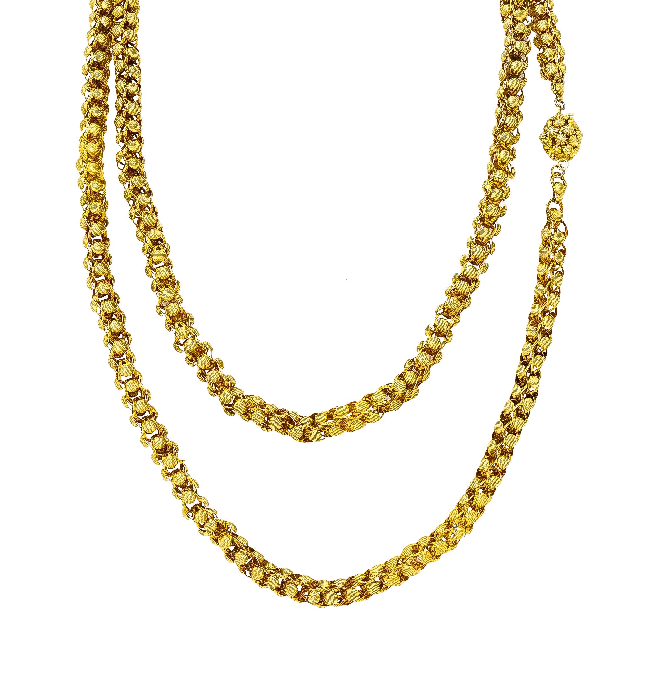 Georgian 18 Karat Yellow Gold Floral Dome Byzantine 46 Inch Long Chain Necklace In Excellent Condition In Philadelphia, PA