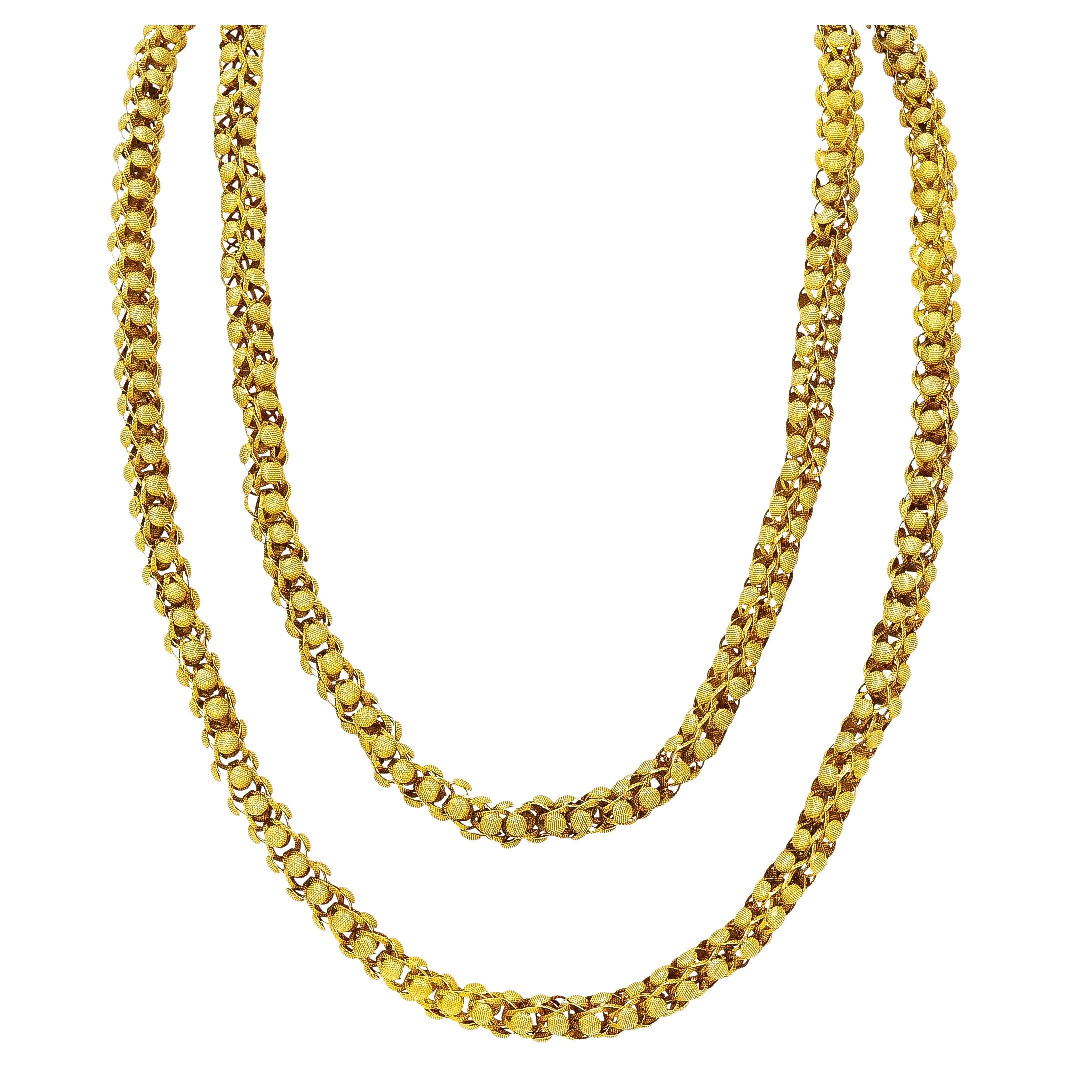 Georgian 18 Karat Yellow Gold Floral Dome Byzantine 46 Inch Long Chain Necklace