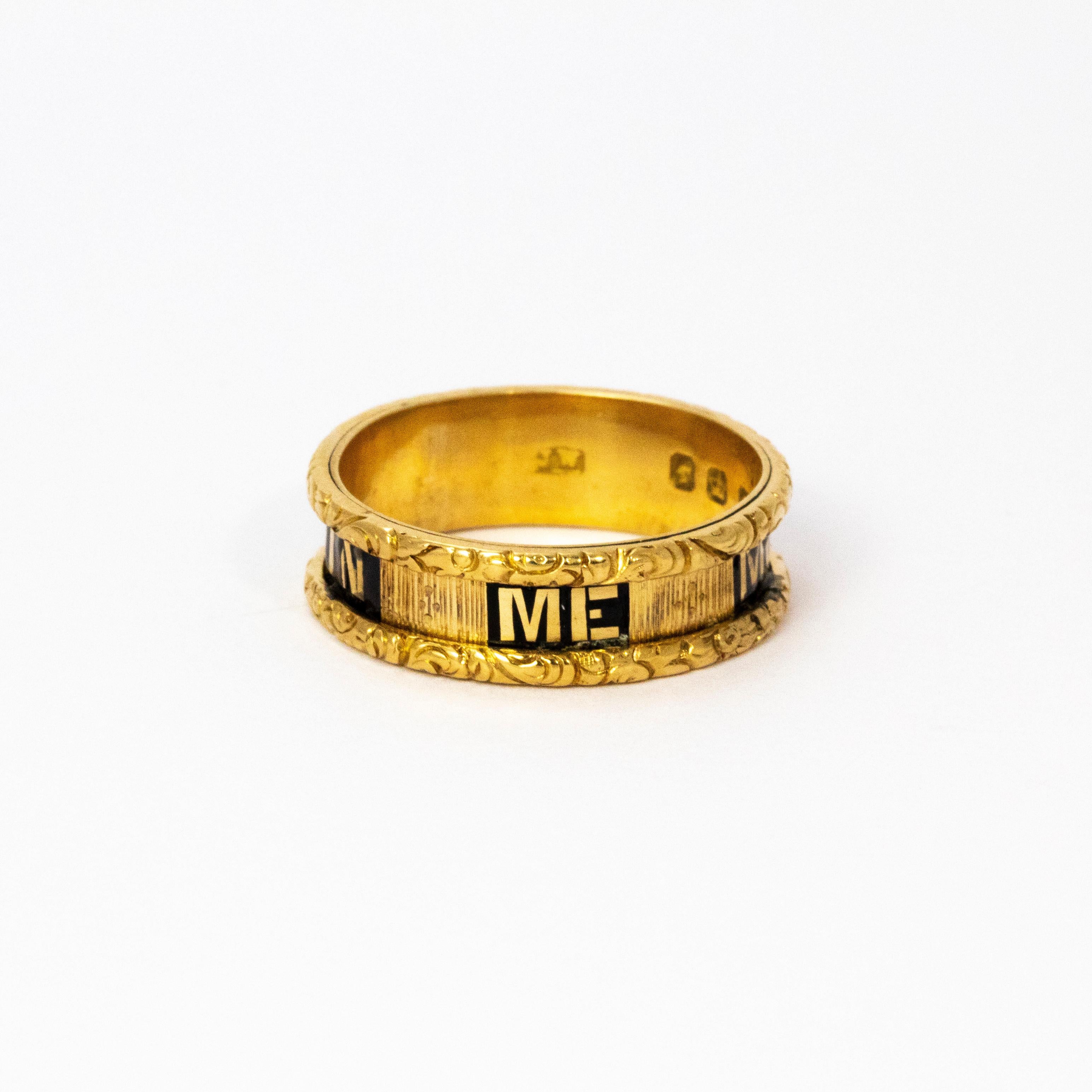 A very fine Georgian mourning ring. Wonderful gold lettering on black enamel around the band reads 