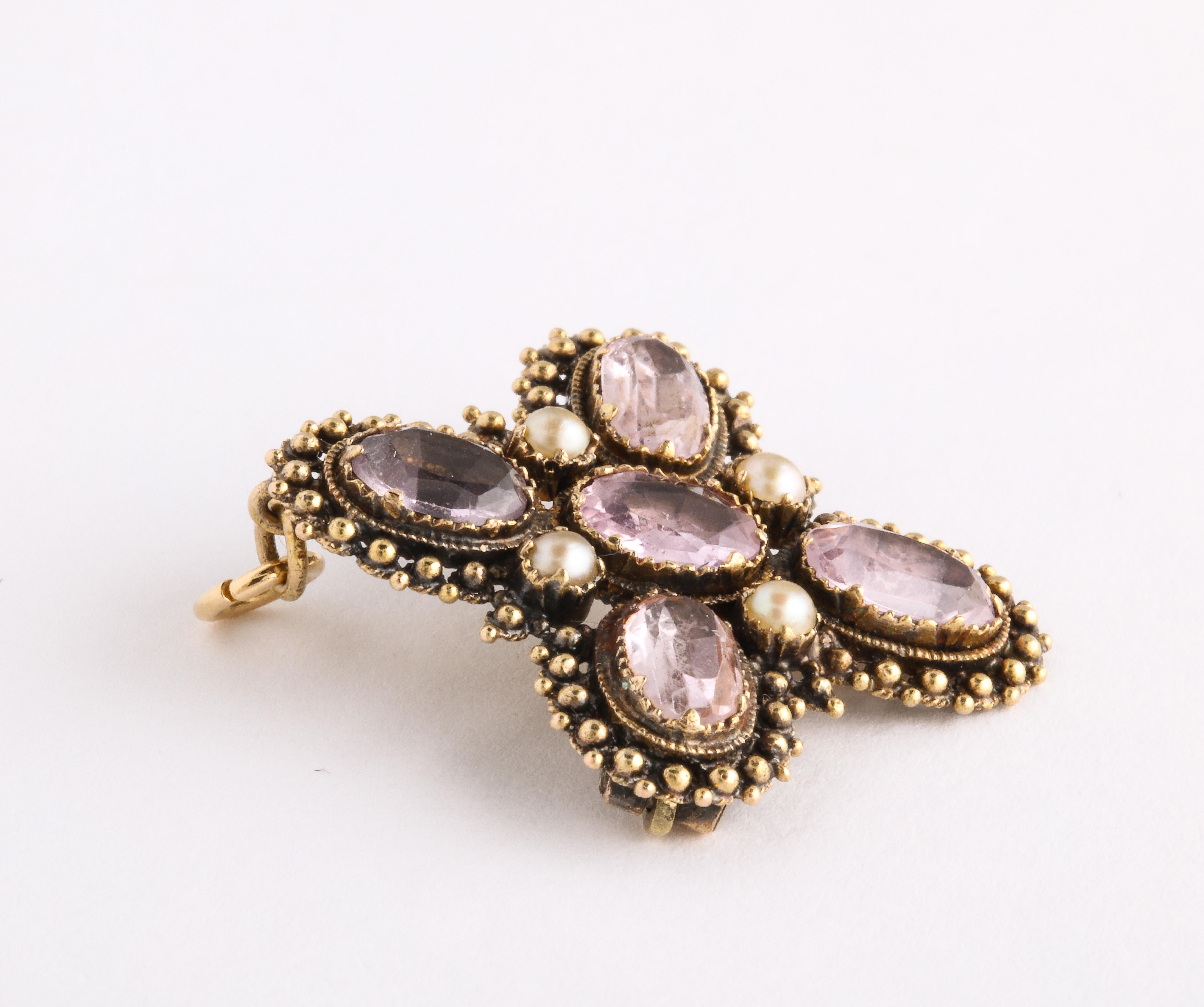 Georgian 18 Karat Gold Amethyst Pearl Granulated Pendant or Brooch In Excellent Condition For Sale In Stamford, CT