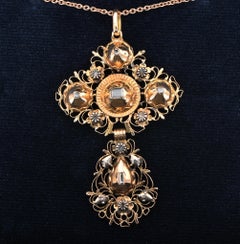 Georgian 18 Kt table Cut Diamond Flemish Large Cross Pendant