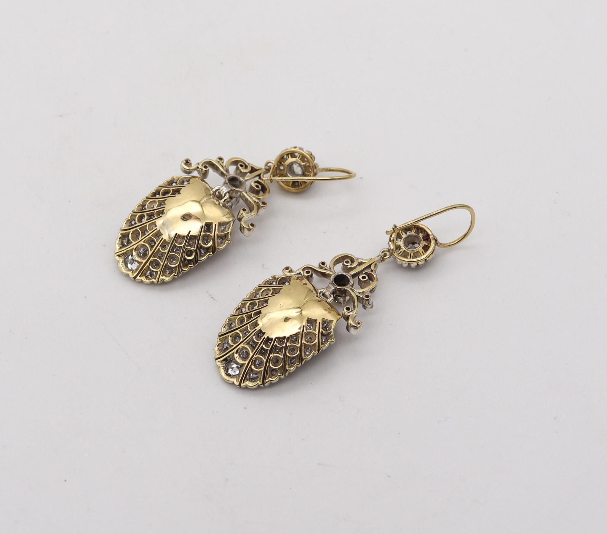 Women's Georgian 1800 Antique Dangle Earrings In 15Kt Gold With 8.46 Ctw In Diamonds For Sale