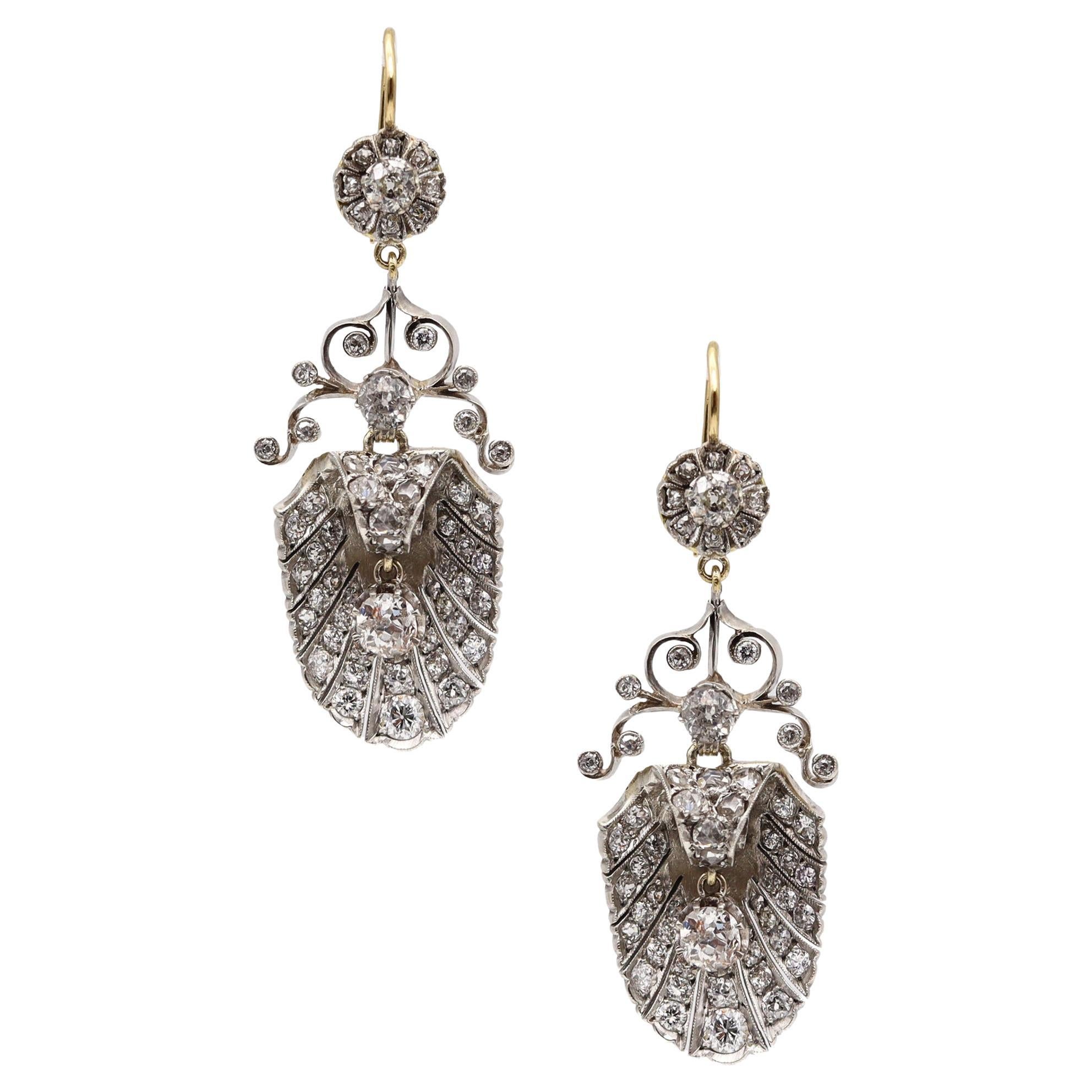 Georgian 1800 Antique Dangle Earrings In 15Kt Gold With 8.46 Ctw In Diamonds For Sale