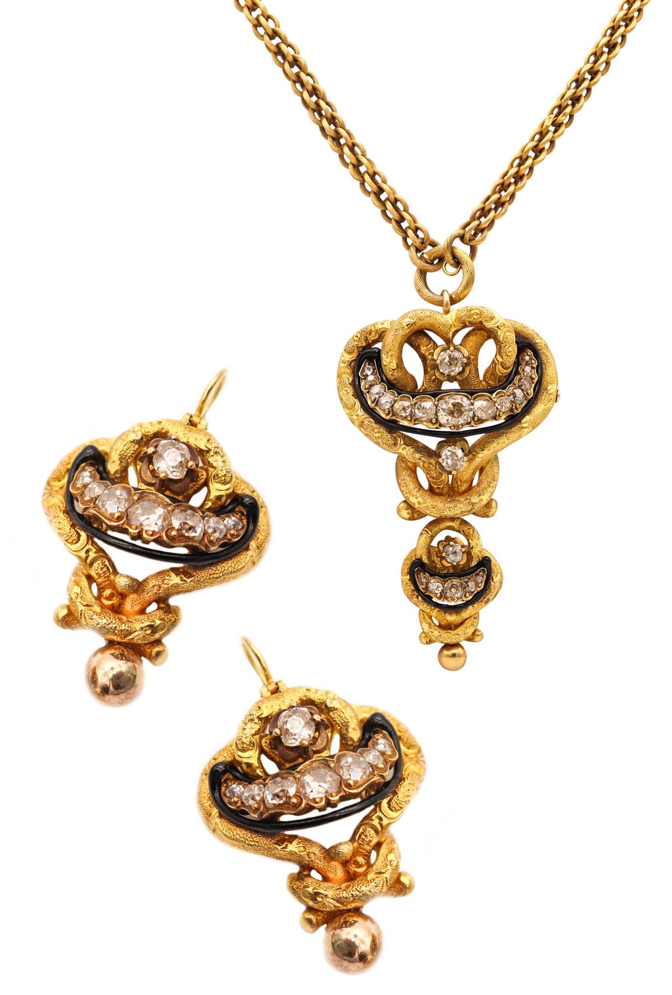 GEORGIAN 1800 Antique Necklace Earrings Set In 18Kt Gold With 11.84 Ctw Diamonds For Sale