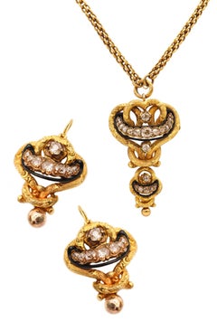 GEORGIAN 1800 Antique Necklace Earrings Set In 18Kt Gold With 11.84 Ctw Diamonds