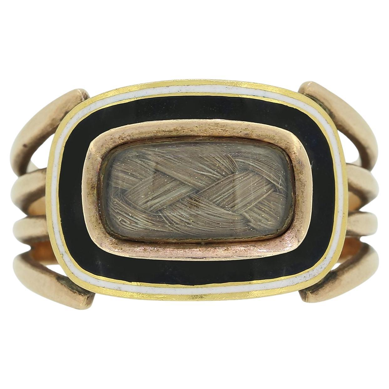 Georgian 1800s Haar Medaillon Schwarz Emaille Trauer Ring